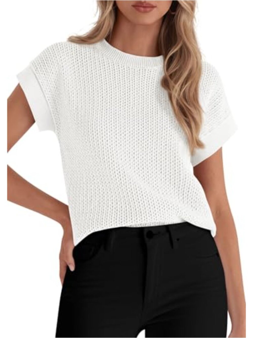 Knit Sweater Vest Tank Top, Crochet Crewneck Cap Sleeve